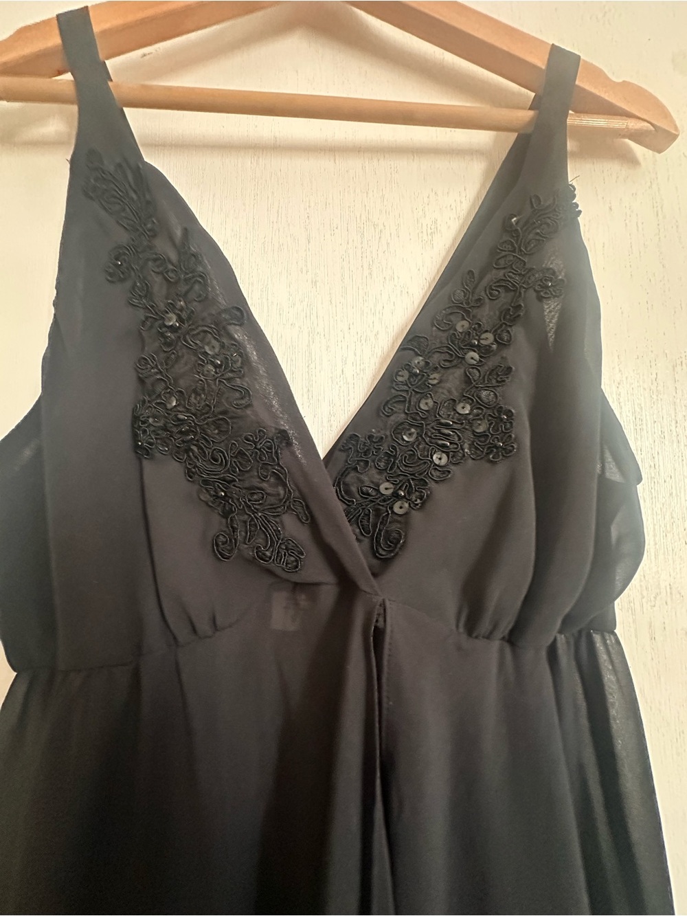 Linea Donatella Black V-Neck Slip Chemise with Embroidered Appliqué